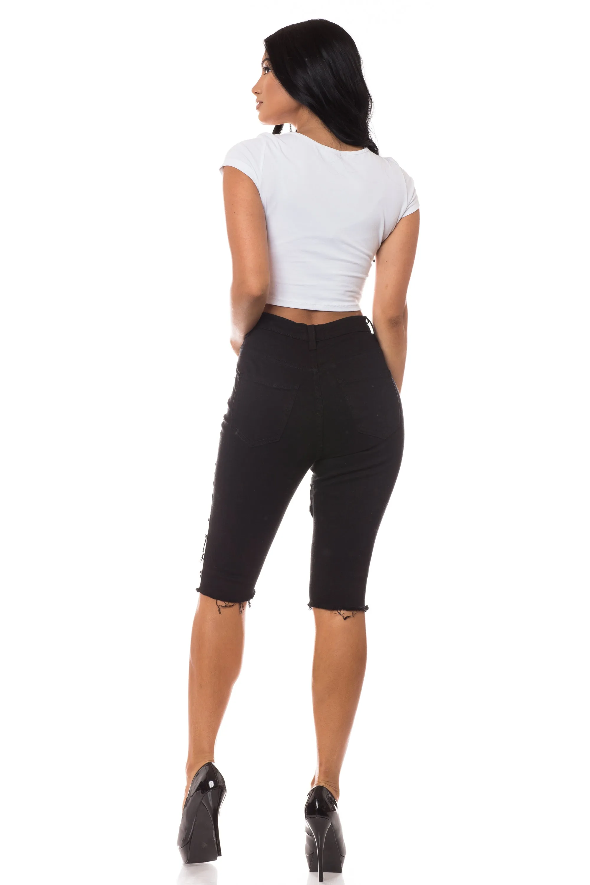 4222B Women's High Waisted Distressed Bermuda Shorts with Cut Outs