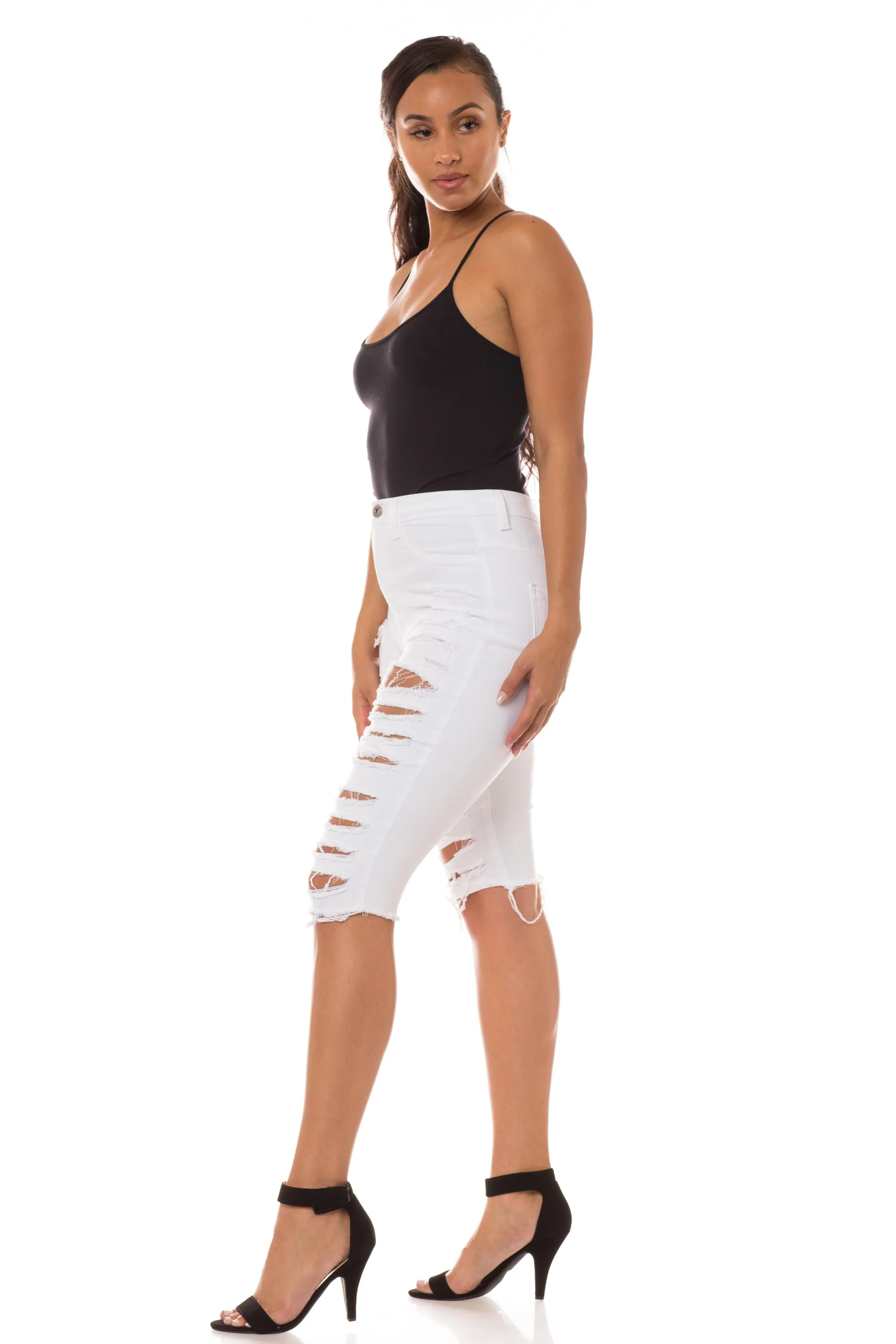 4222B Women's High Waisted Distressed Bermuda Shorts with Cut Outs