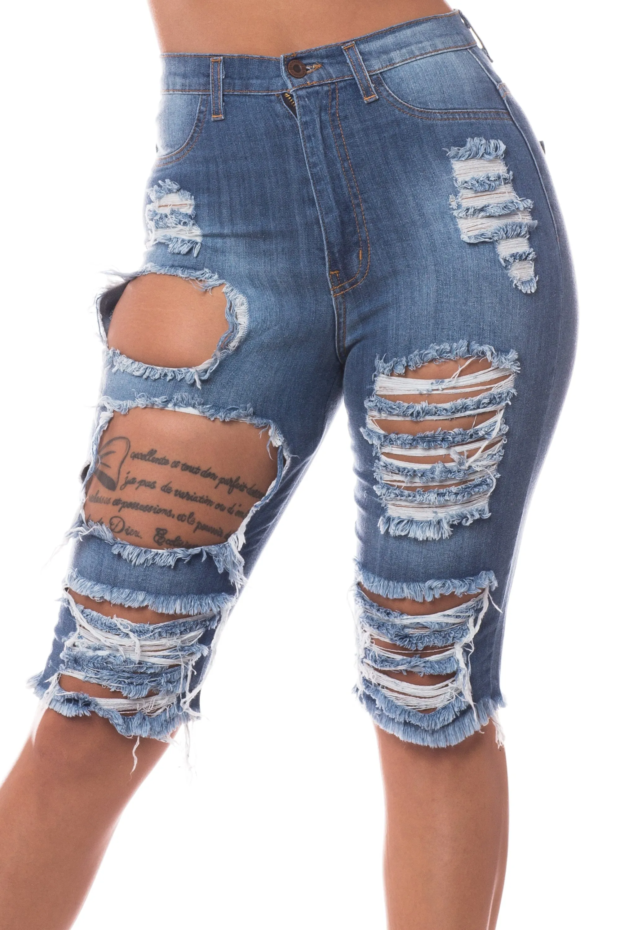 4222B Women's High Waisted Distressed Bermuda Shorts with Cut Outs