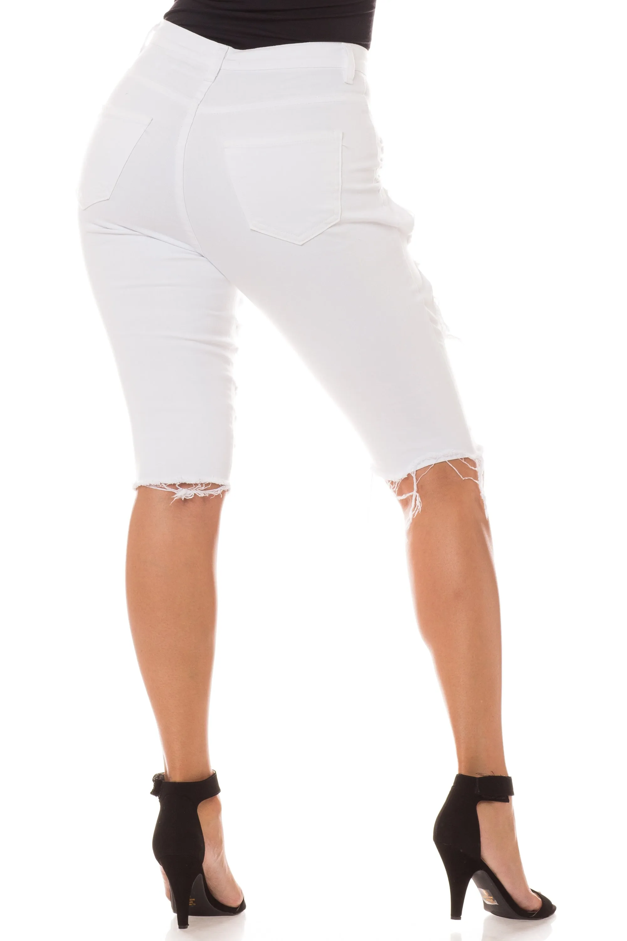 4222B Women's High Waisted Distressed Bermuda Shorts with Cut Outs