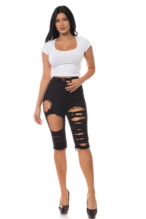 4222B Women's High Waisted Distressed Bermuda Shorts with Cut Outs