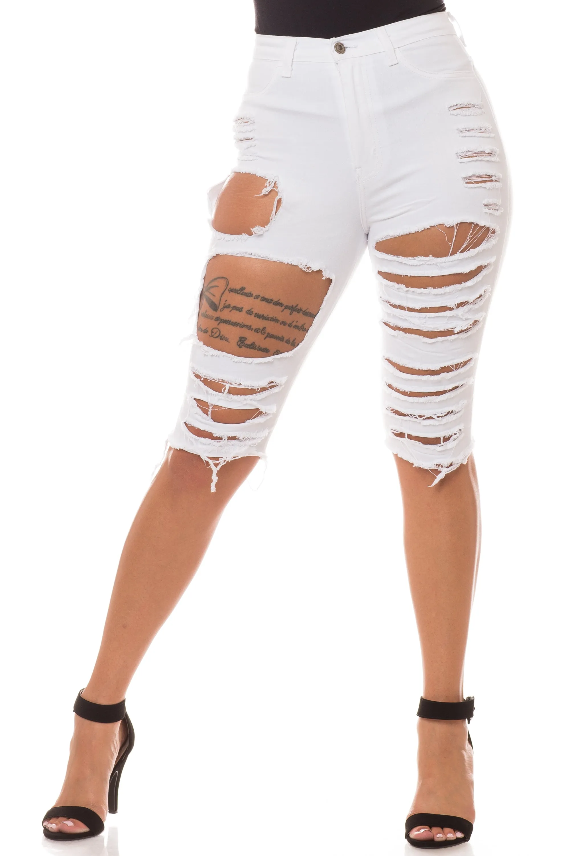 4222B Women's High Waisted Distressed Bermuda Shorts with Cut Outs