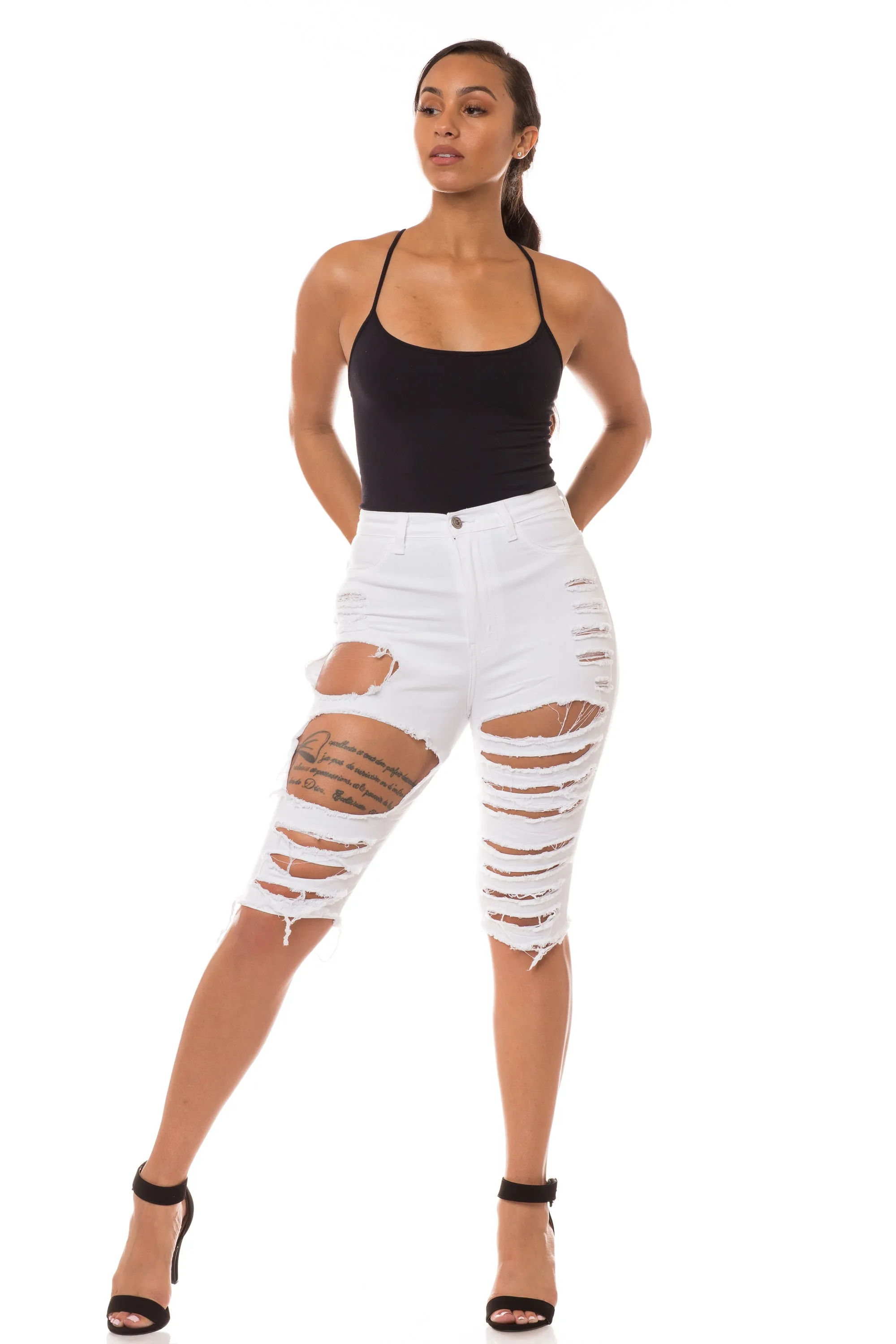 4222B Women's High Waisted Distressed Bermuda Shorts with Cut Outs