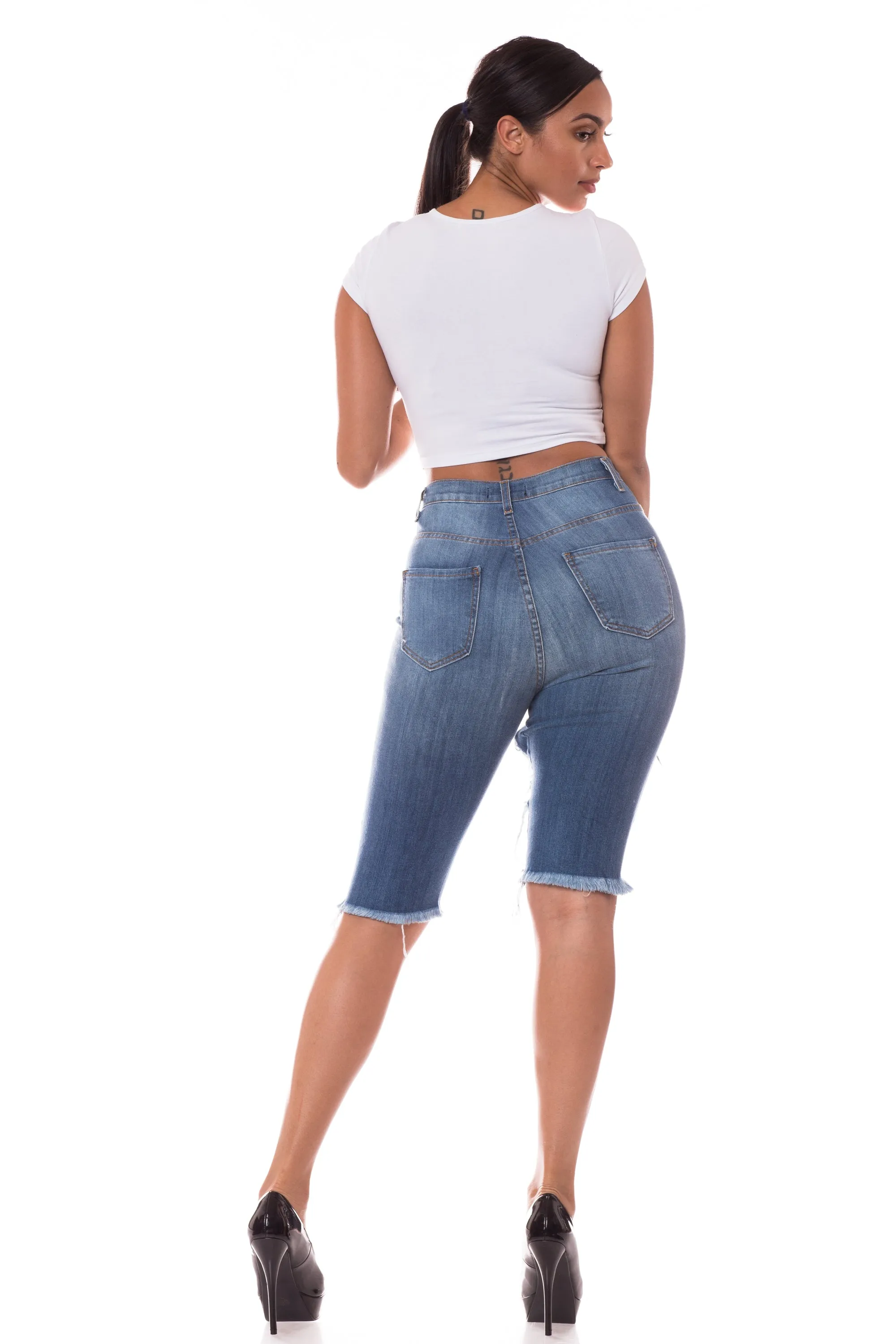 4222B Women's High Waisted Distressed Bermuda Shorts with Cut Outs