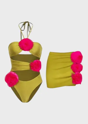 Appliques Cutout Halter One-Piece Swimsuit & Cover-Up Skirt