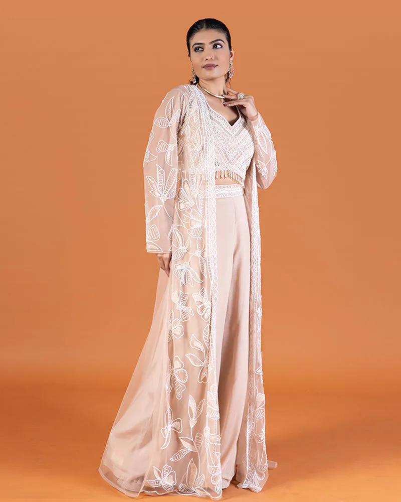 Beige Embroidered Jacket with Beaded Bodice and Wide-Leg Palazzo