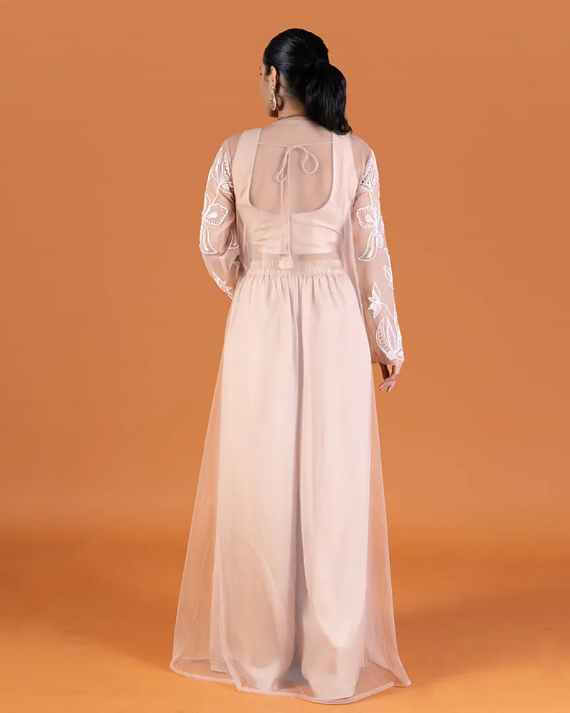 Beige Embroidered Jacket with Beaded Bodice and Wide-Leg Palazzo