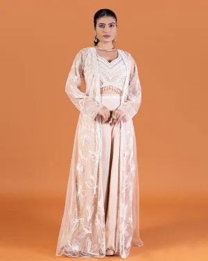 Beige Embroidered Jacket with Beaded Bodice and Wide-Leg Palazzo