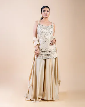 Beige Palazzo Pants with Mirror Work-Embellished Plum Top and Dupatta
