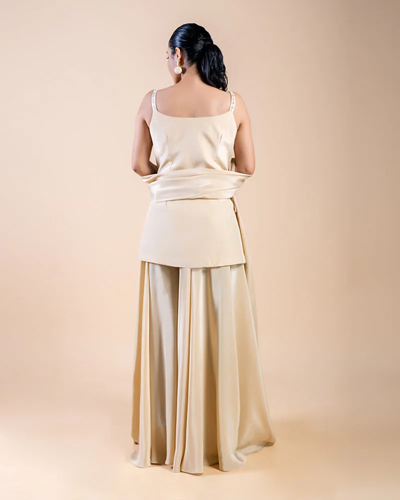 Beige Palazzo Pants with Mirror Work-Embellished Plum Top and Dupatta