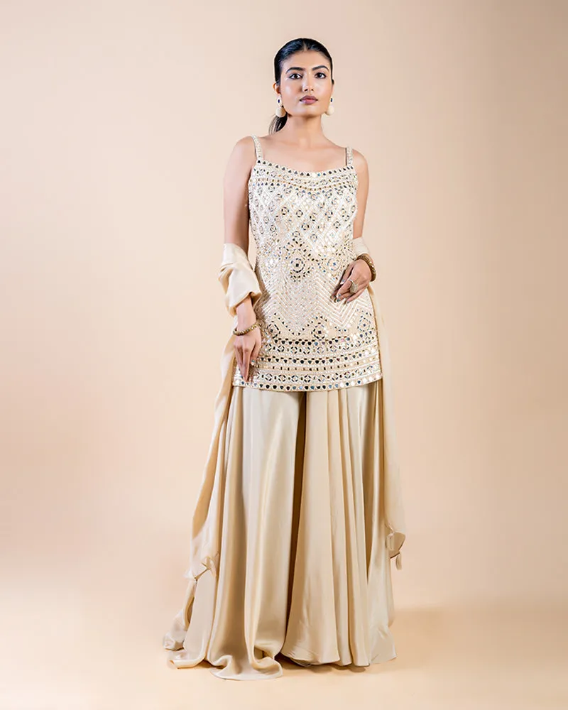 Beige Palazzo Pants with Mirror Work-Embellished Plum Top and Dupatta