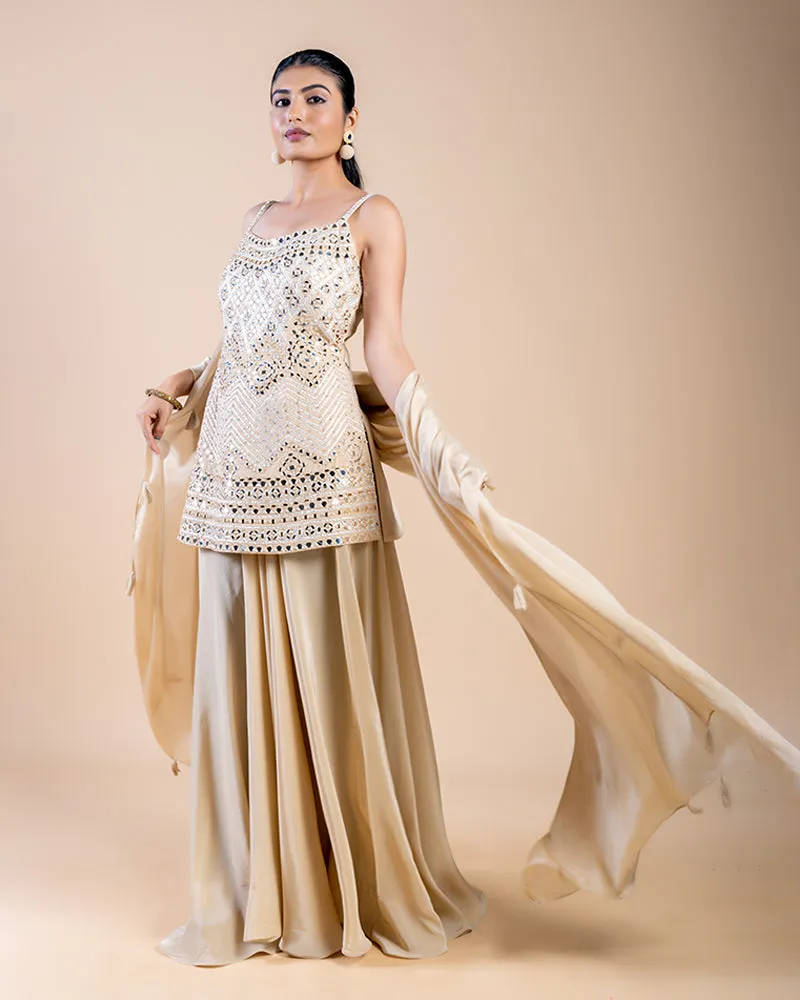 Beige Palazzo Pants with Mirror Work-Embellished Plum Top and Dupatta