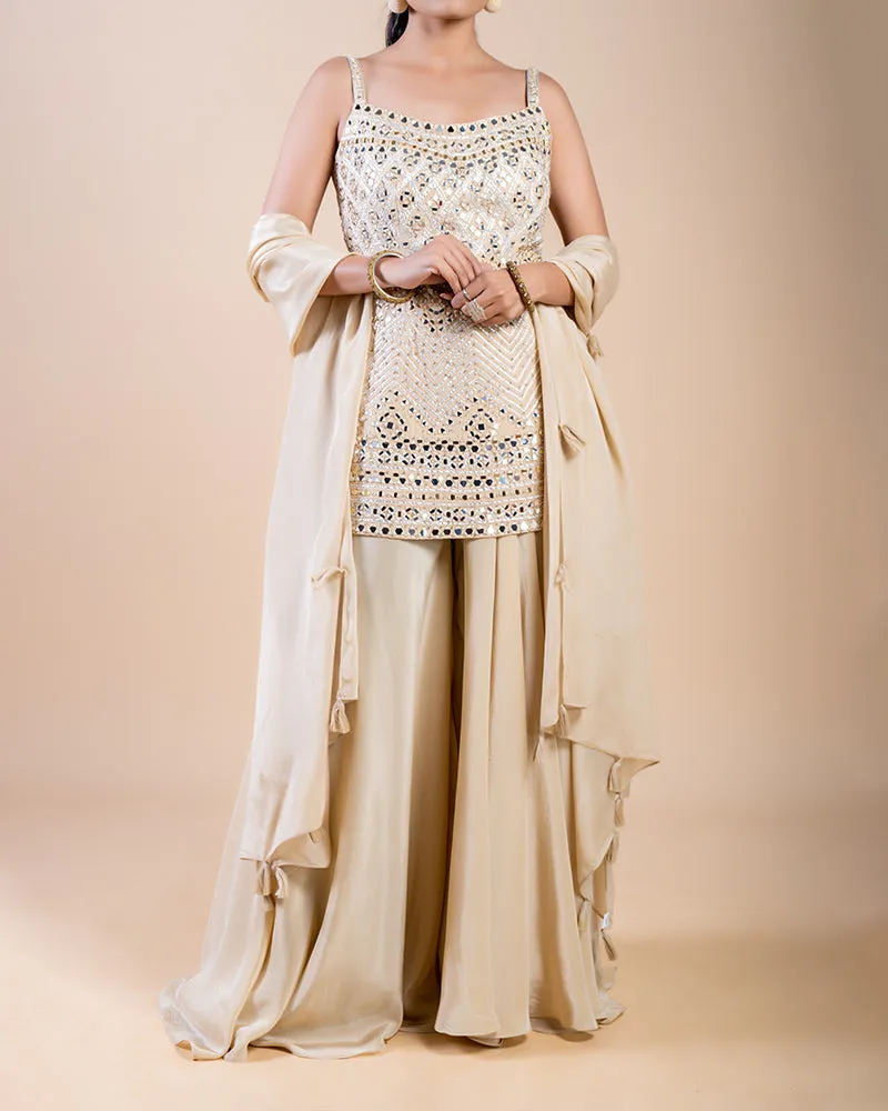 Beige Palazzo Pants with Mirror Work-Embellished Plum Top and Dupatta