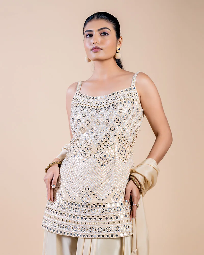 Beige Palazzo Pants with Mirror Work-Embellished Plum Top and Dupatta