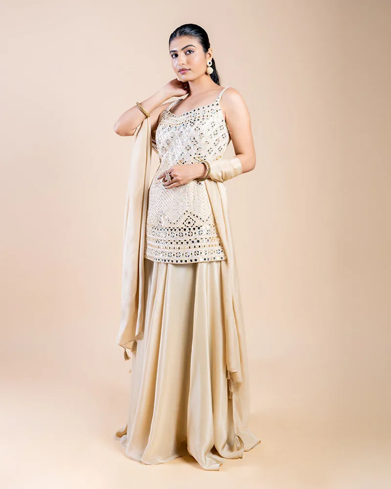 Beige Palazzo Pants with Mirror Work-Embellished Plum Top and Dupatta