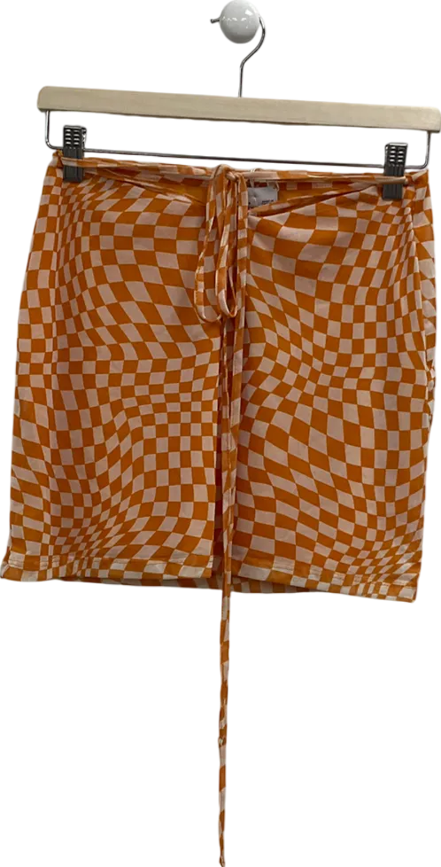 Bershka Orange And White Checkerboard Mini Skirt With A Wrap-around Tie Closure UK M