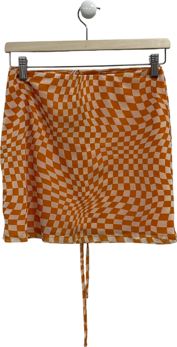 Bershka Orange And White Checkerboard Mini Skirt With A Wrap-around Tie Closure UK M