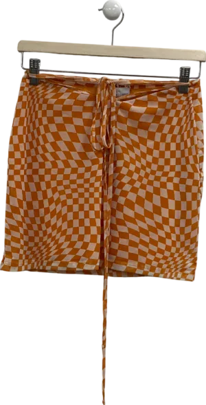 Bershka Orange And White Checkerboard Mini Skirt With A Wrap-around Tie Closure UK M