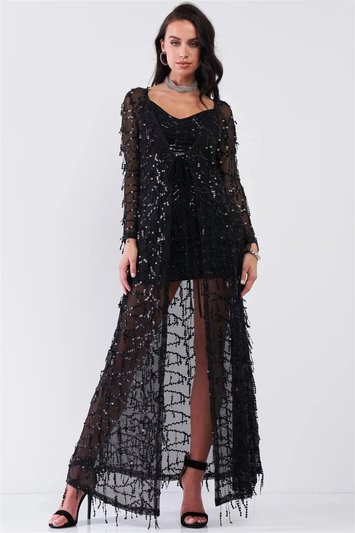 Black Sheer Mesh Sequin Tassel Long Sleeve Front Self-Tie String Maxi Kimono Inspired Cover-Up /2-2-2