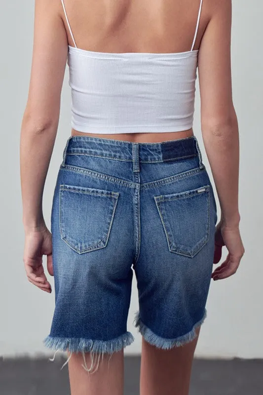 Bohemian High Rise Ripped Bermuda Denim Shorts