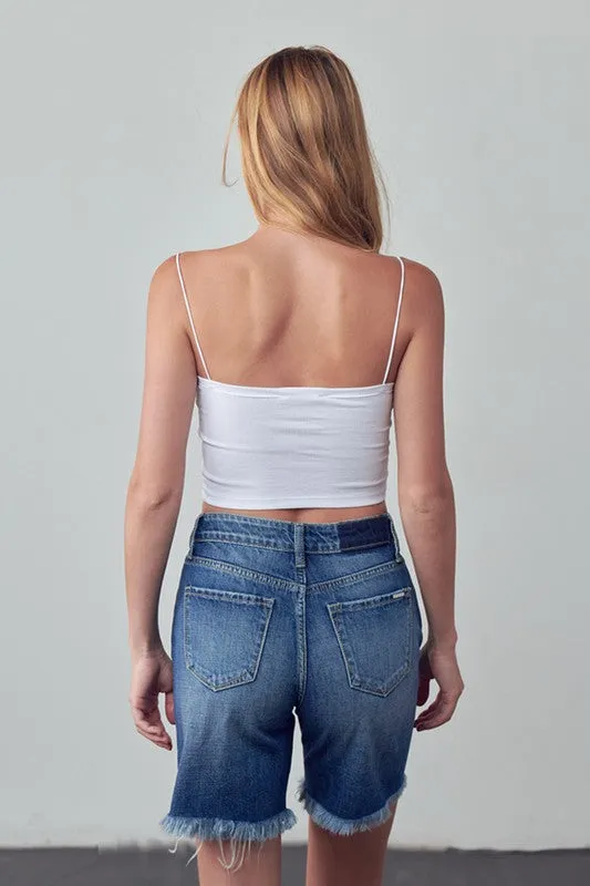 Bohemian High Rise Ripped Bermuda Denim Shorts