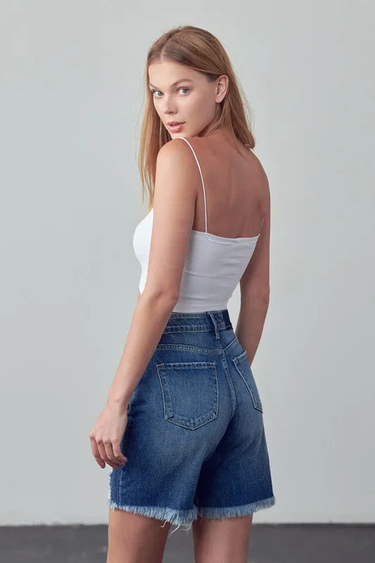 Bohemian High Rise Ripped Bermuda Denim Shorts