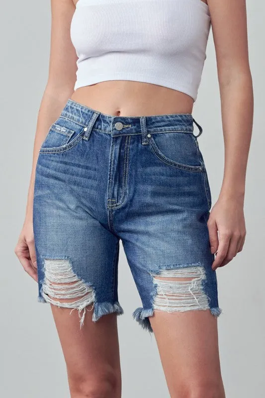 Bohemian High Rise Ripped Bermuda Denim Shorts
