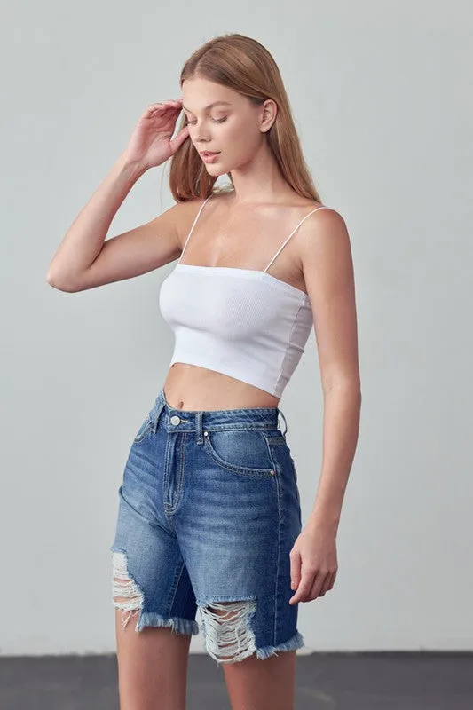 Bohemian High Rise Ripped Bermuda Denim Shorts