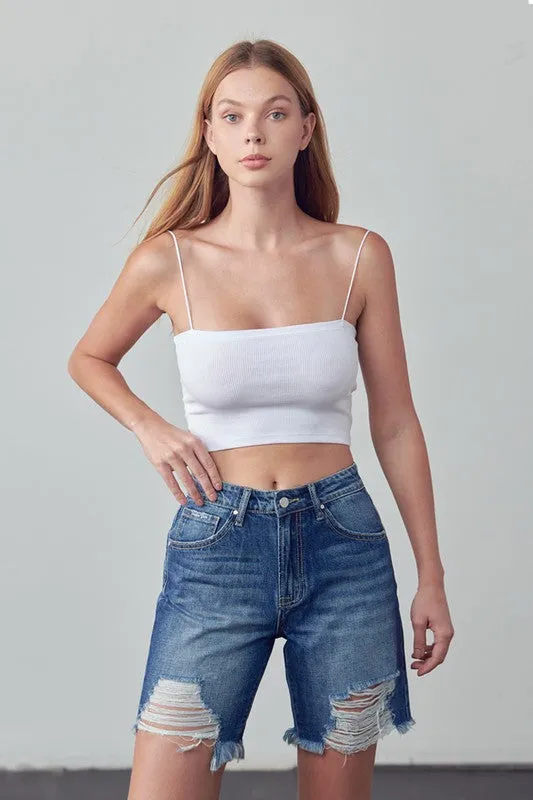 Bohemian High Rise Ripped Bermuda Denim Shorts