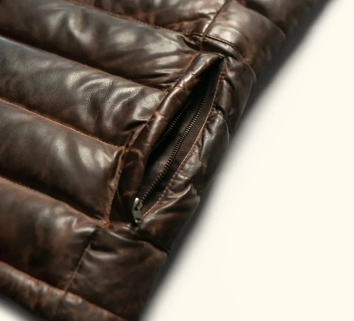 Brown Sheepskin Men's Puffer Leather Jacket