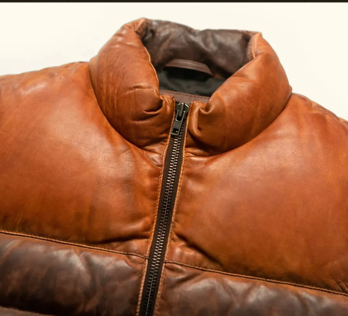 Brown Sheepskin Men's Puffer Leather Jacket