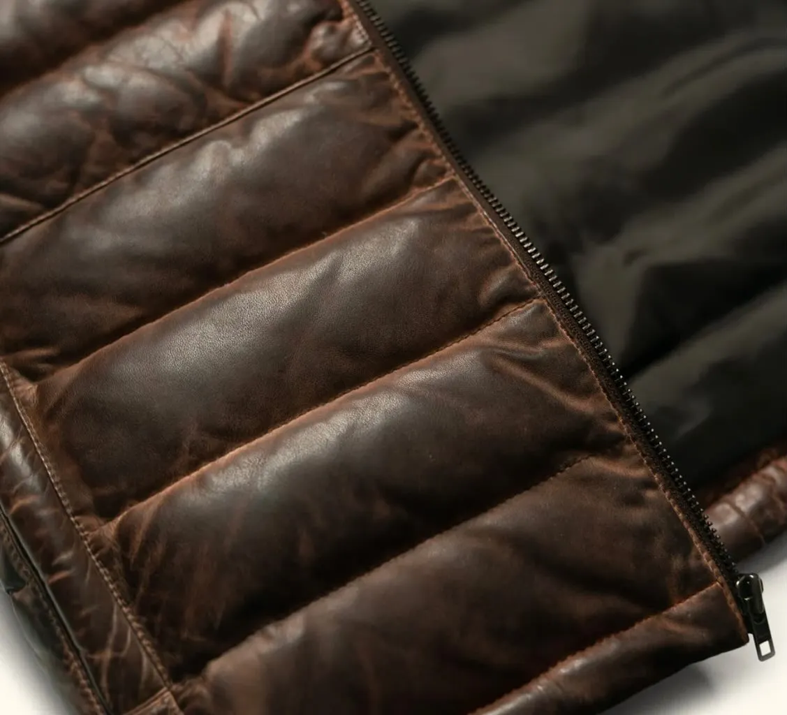 Brown Sheepskin Men's Puffer Leather Jacket