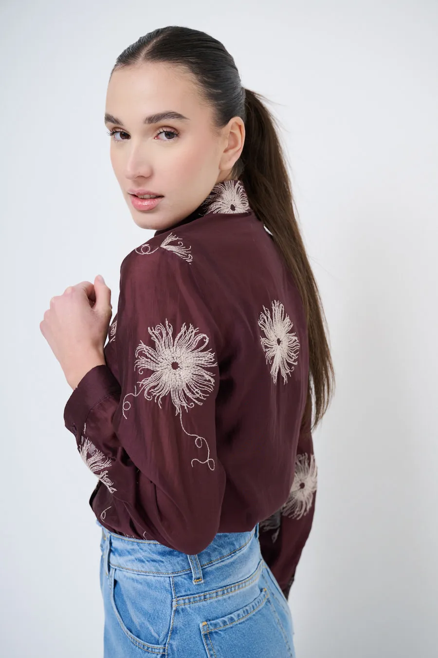 Embroidered button-up shirt with floral detailing wholesale