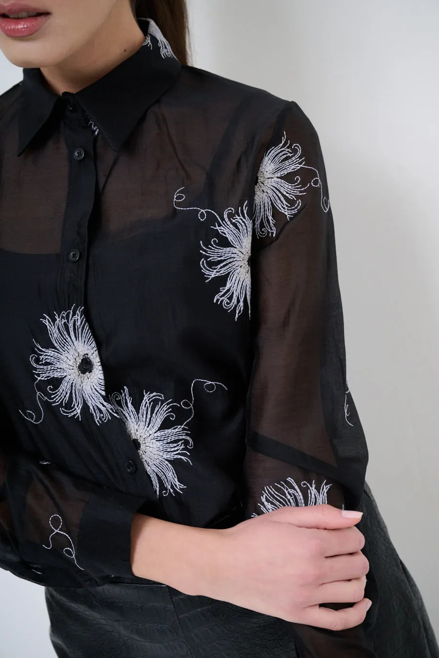 Embroidered button-up shirt with floral detailing wholesale