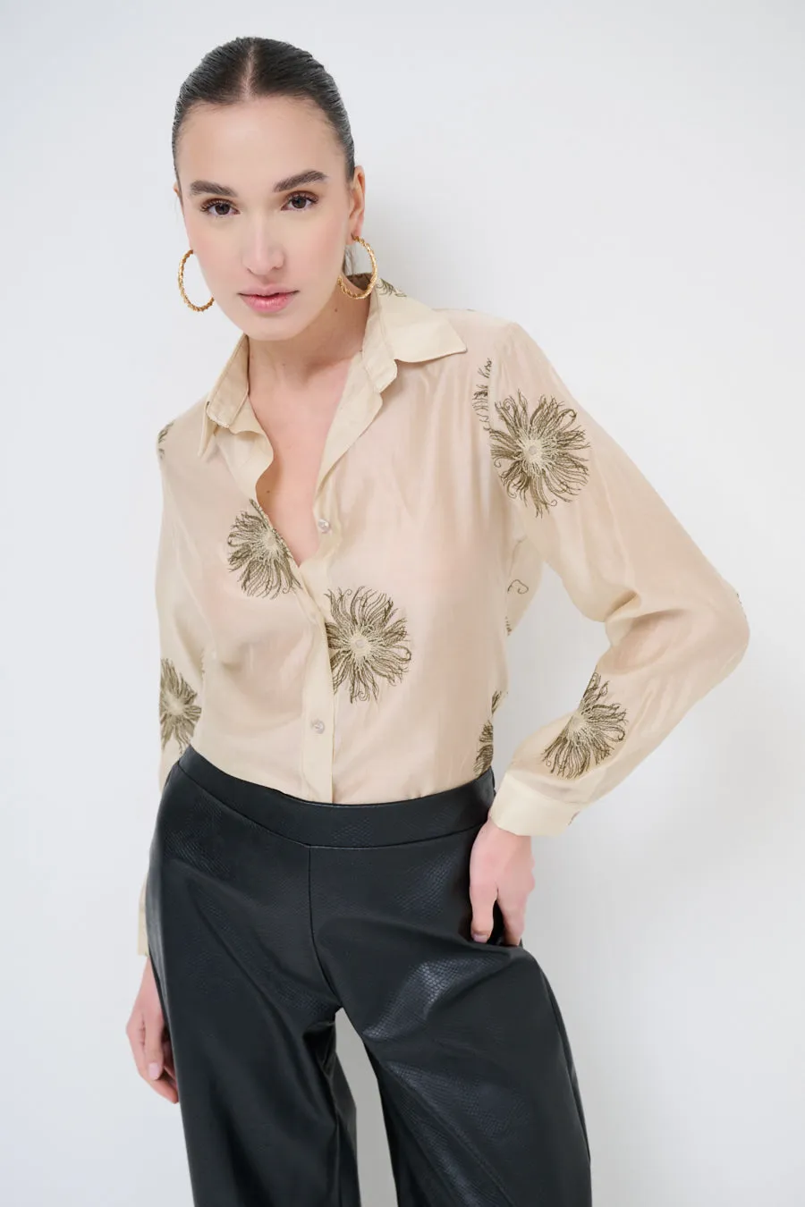 Embroidered button-up shirt with floral detailing wholesale