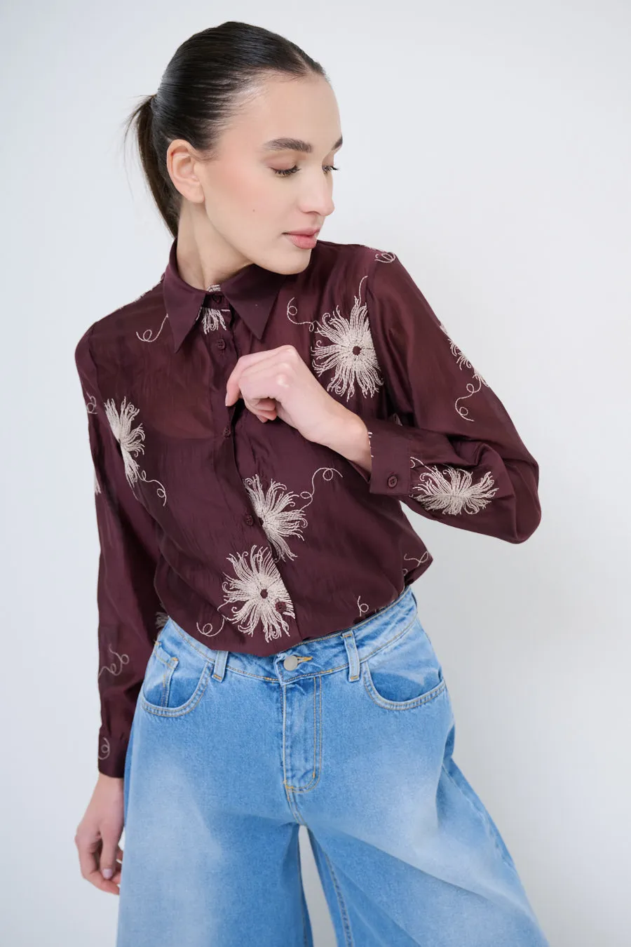 Embroidered button-up shirt with floral detailing wholesale