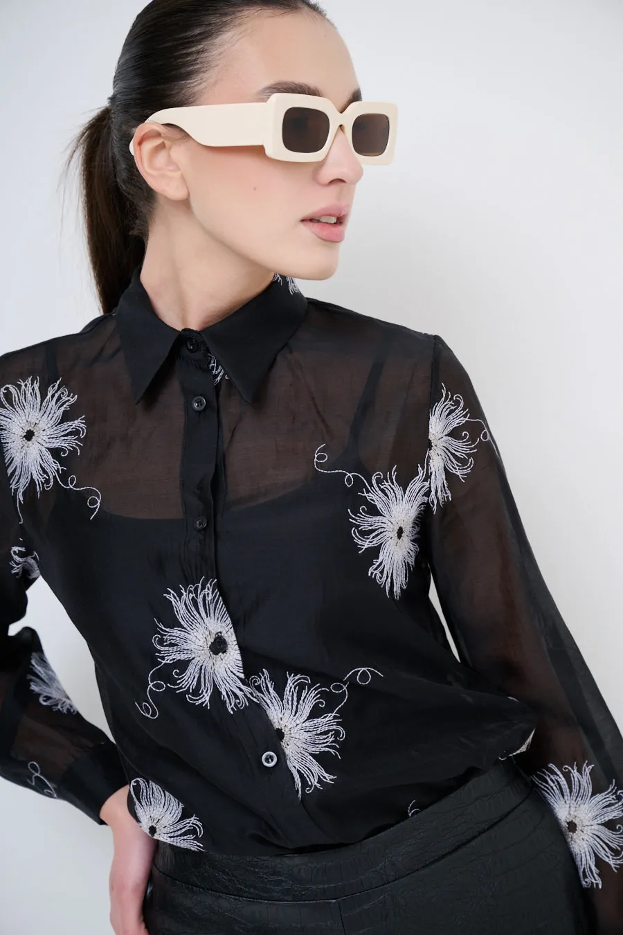 Embroidered button-up shirt with floral detailing wholesale