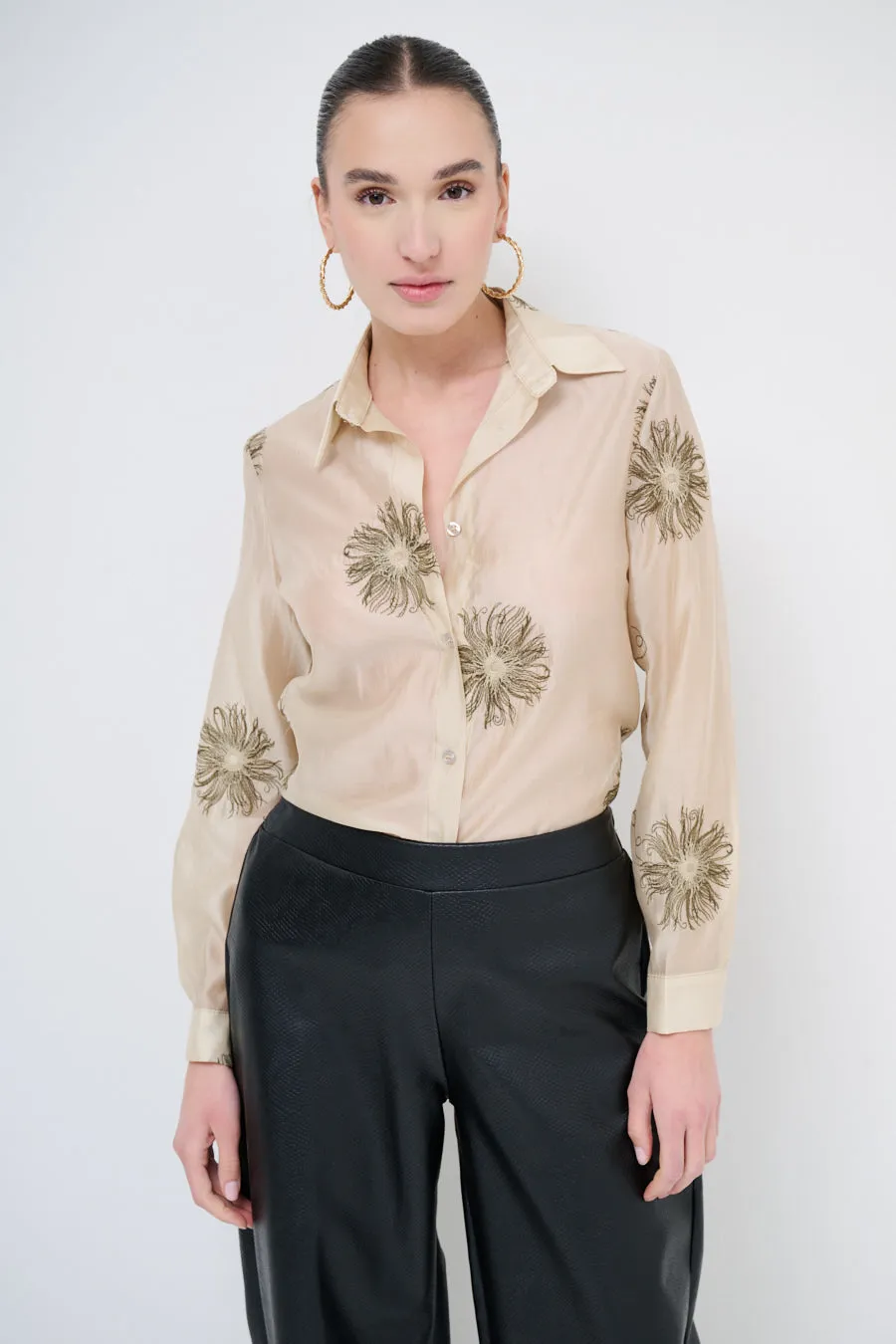 Embroidered button-up shirt with floral detailing wholesale