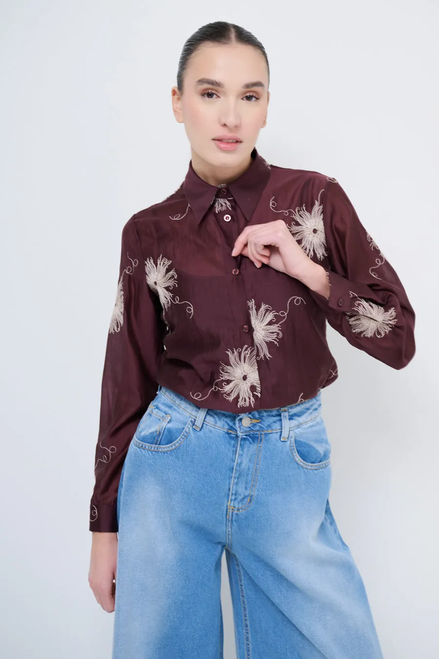 Embroidered button-up shirt with floral detailing wholesale