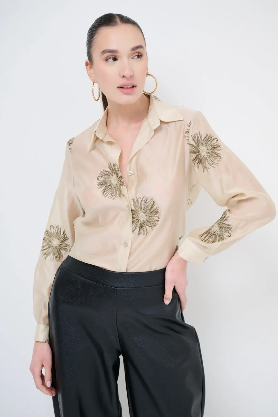Embroidered button-up shirt with floral detailing wholesale