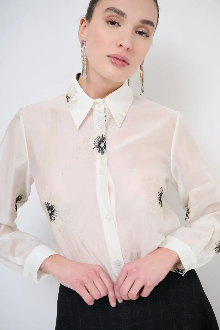 Embroidered button-up shirt with floral detailing wholesale