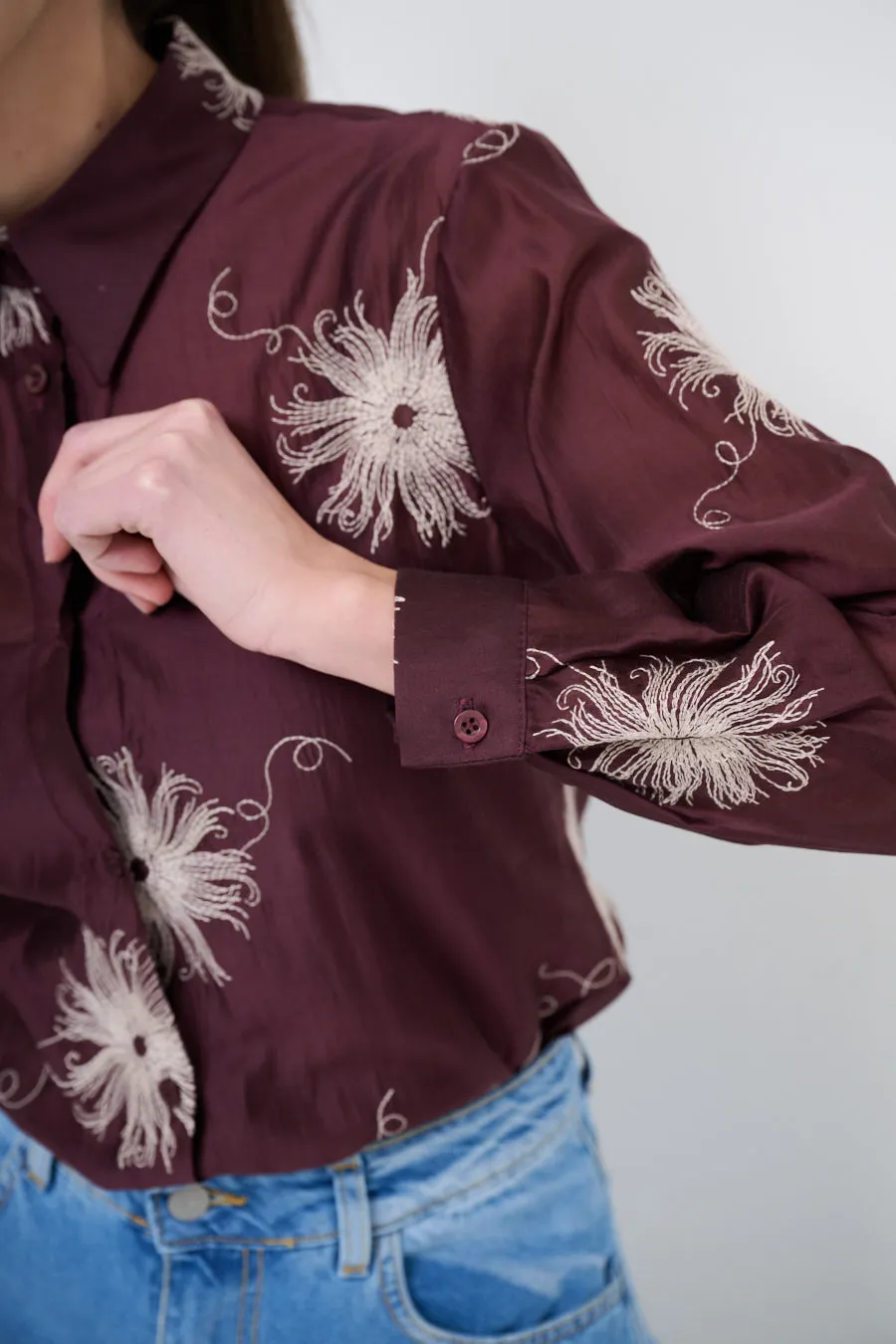 Embroidered button-up shirt with floral detailing wholesale