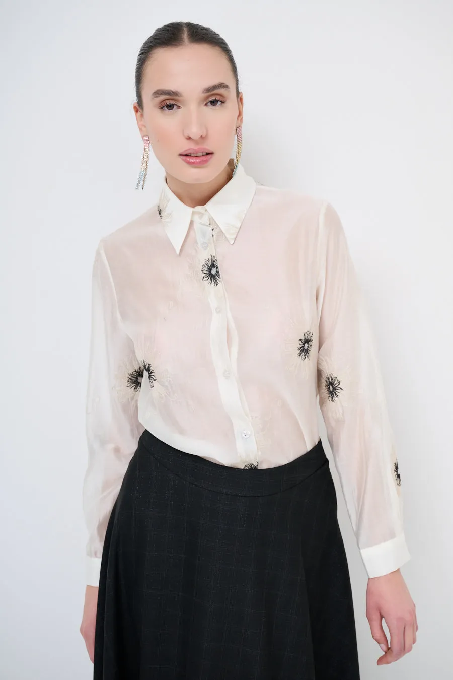 Embroidered button-up shirt with floral detailing wholesale