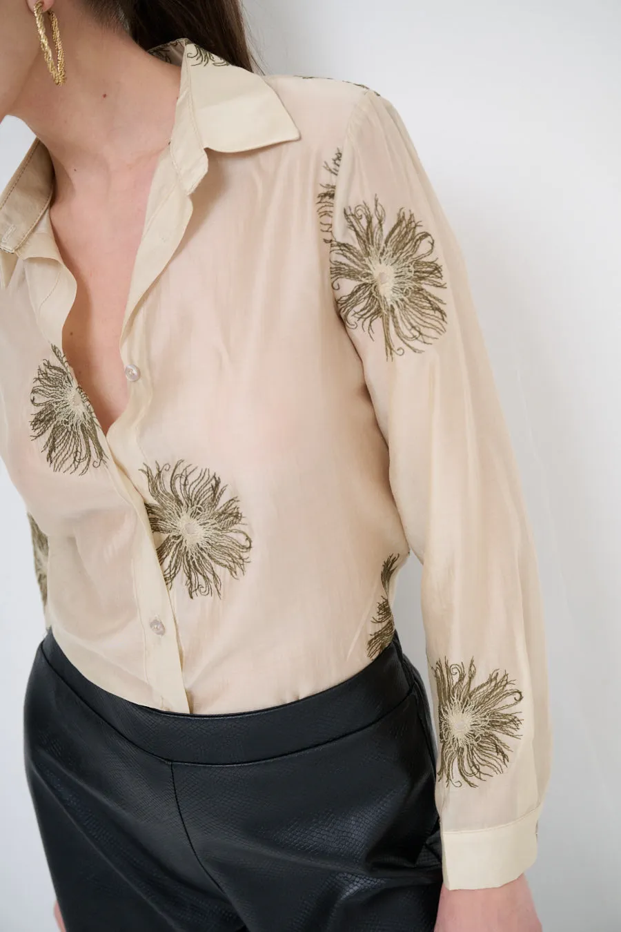 Embroidered button-up shirt with floral detailing wholesale