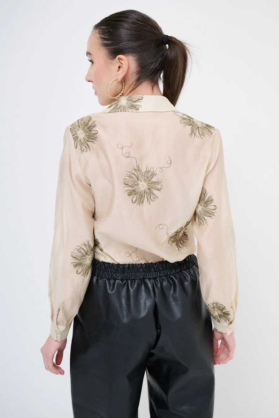 Embroidered button-up shirt with floral detailing wholesale