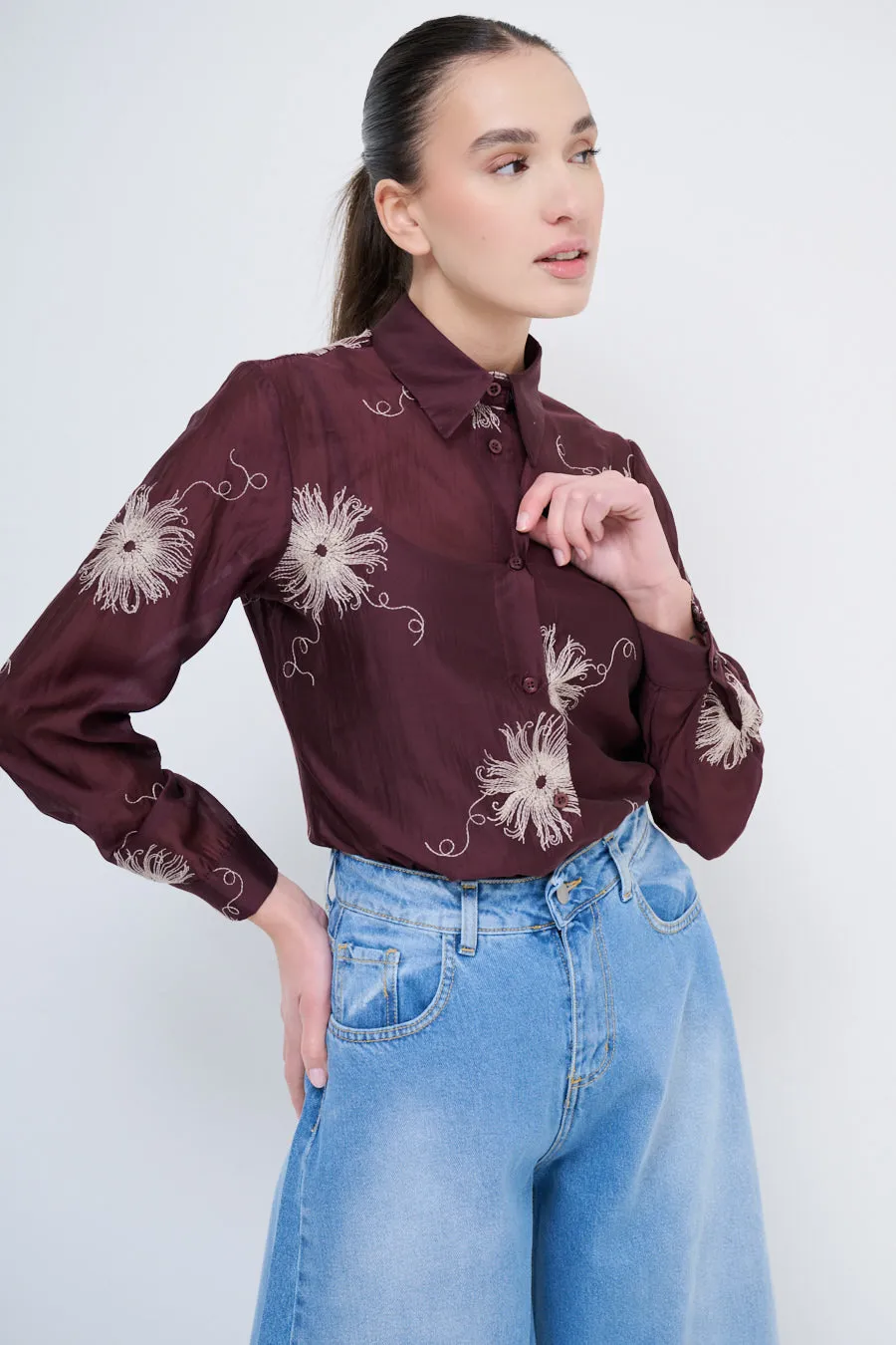 Embroidered button-up shirt with floral detailing wholesale