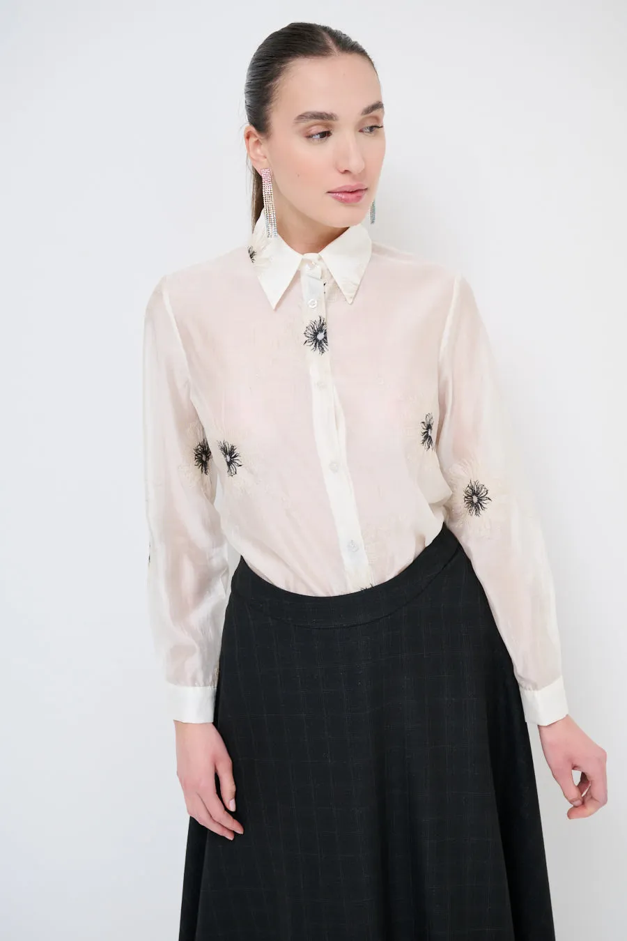 Embroidered button-up shirt with floral detailing wholesale
