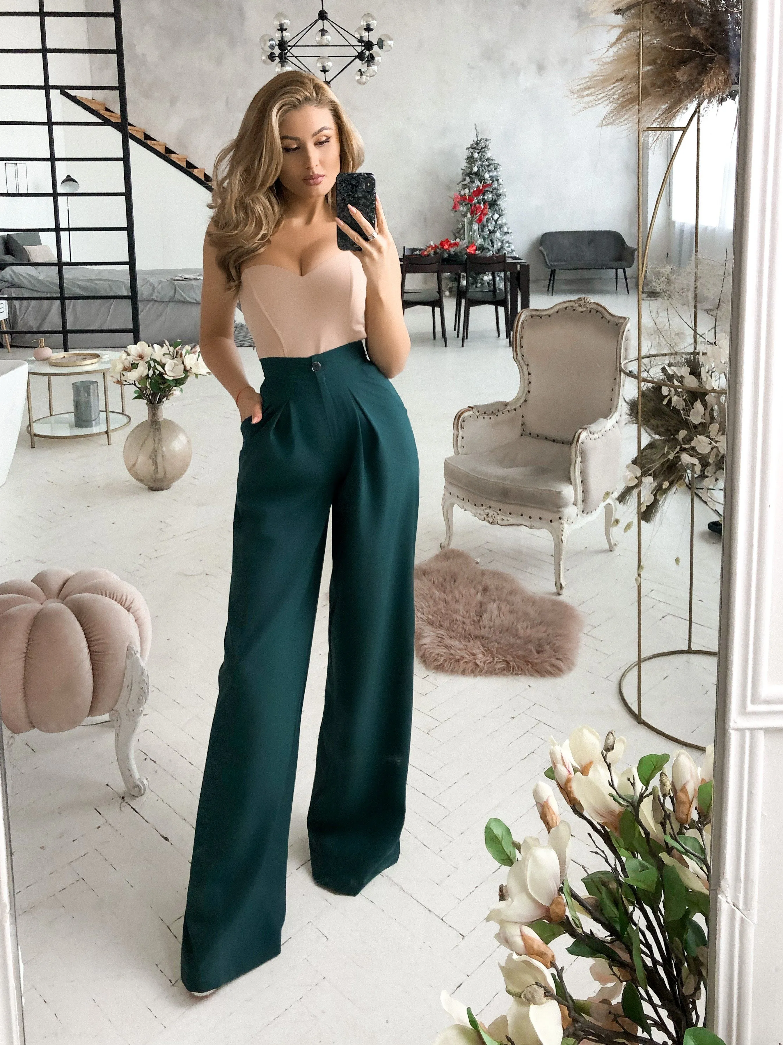 Emerald High Waist Fitted Palazzo Pants