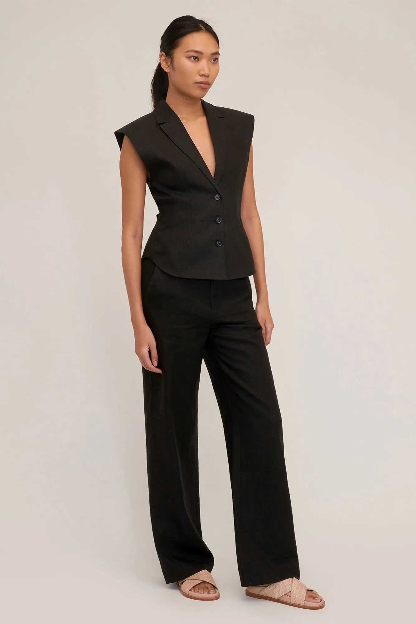 Enzo Linen Open Back Vest in Black