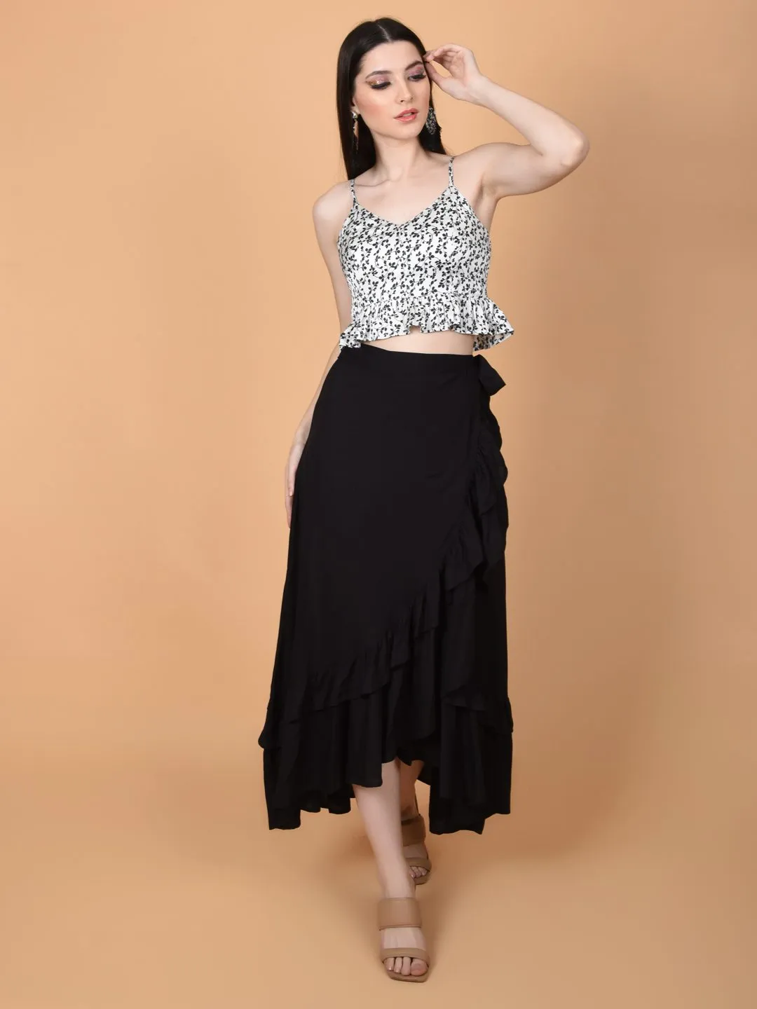 Flawlesss Women Stylish and Versatile Black Wrap Around Tie Knot Skirt | NAOMI